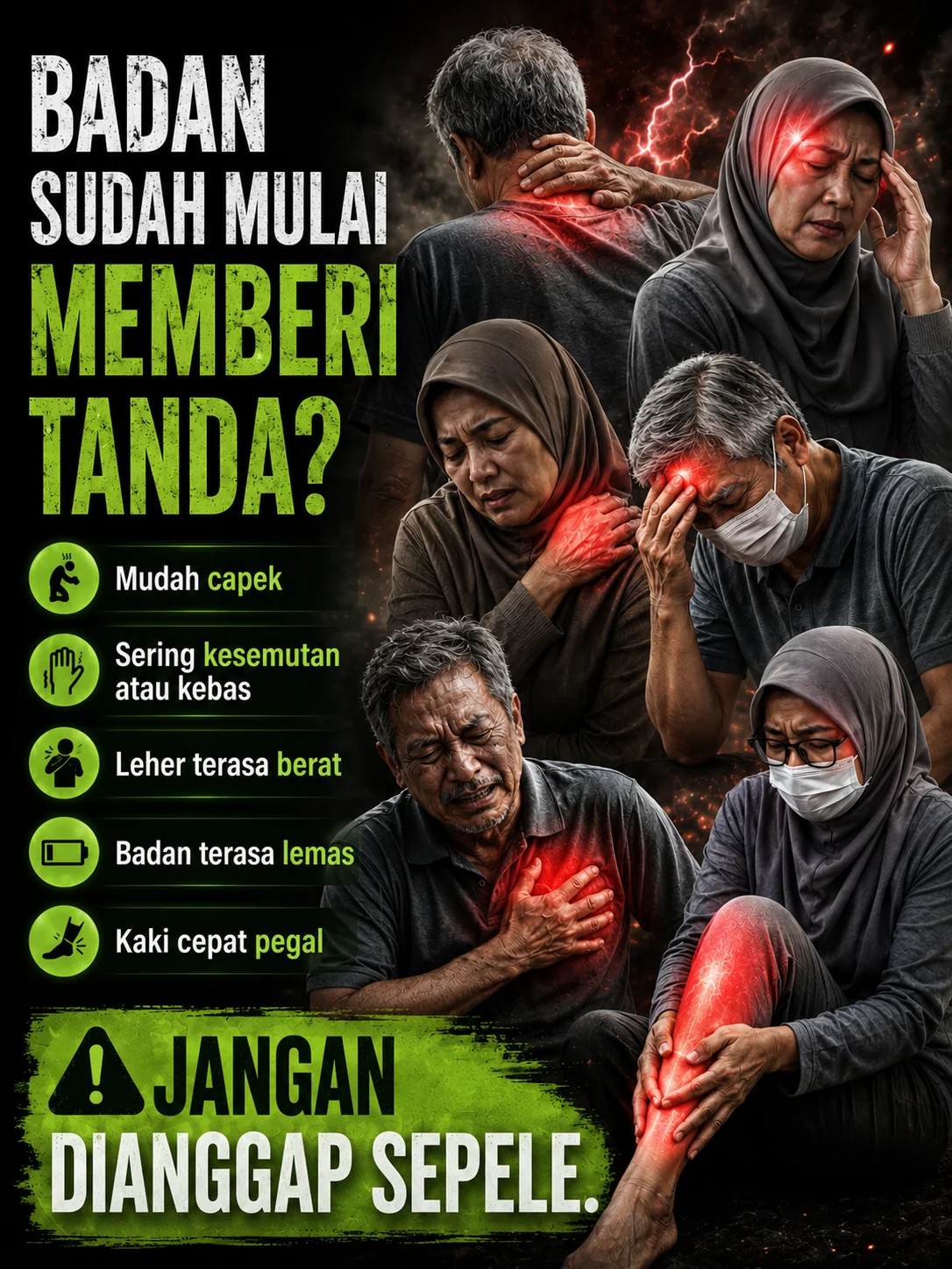 Badan sudah mulai memberi tanda? Mudah capek, kesemutan, kebas, leher berat, badan lemas, kaki pegal — jangan dianggap sepele