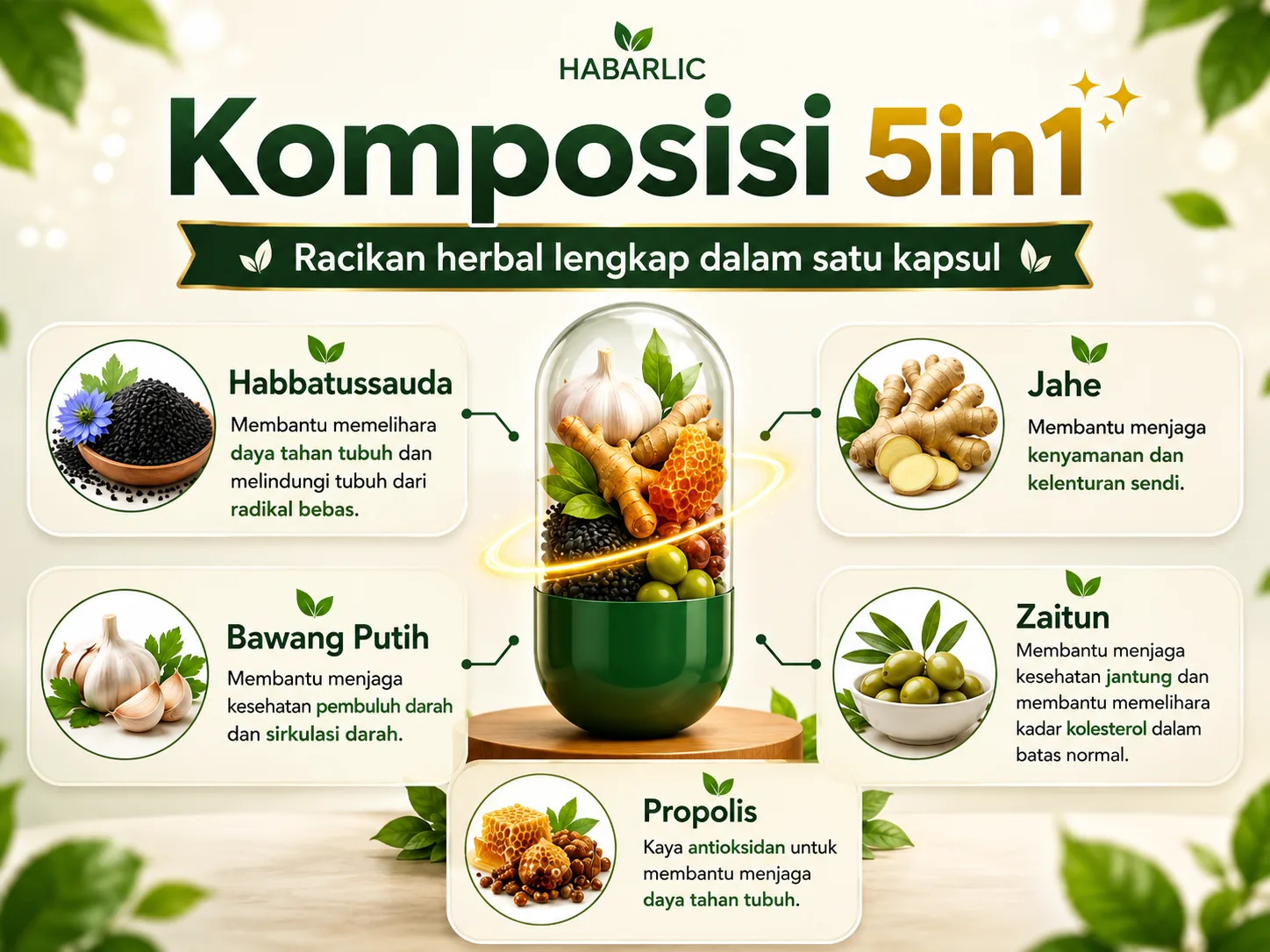 Komposisi 5in1: habbatussauda, jahe, bawang putih, propolis, zaitun