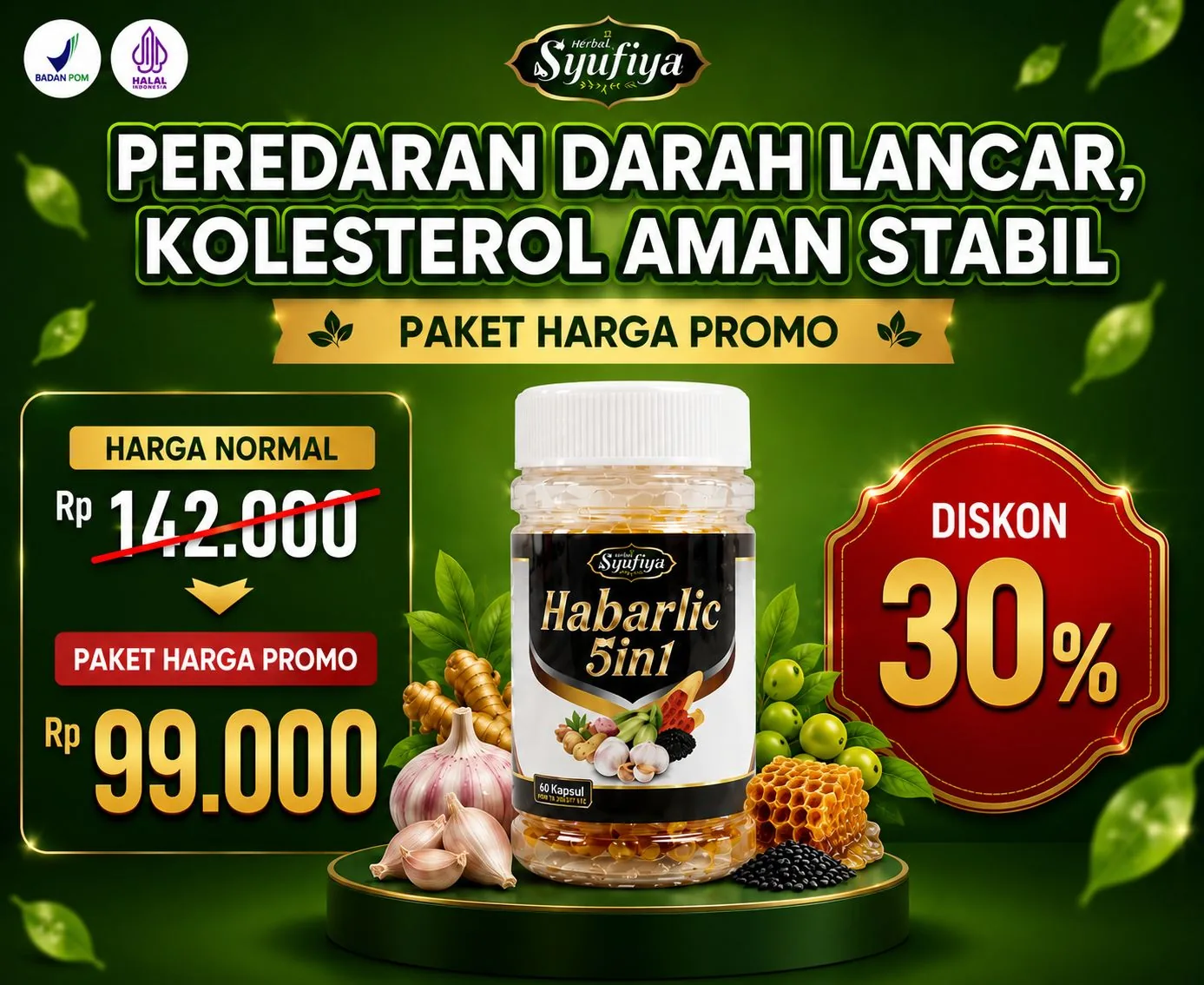 Peredaran darah lancar, kolesterol aman stabil — harga normal Rp142.000 jadi Rp99.000 (diskon 30%)